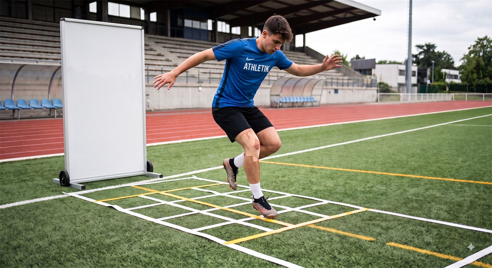 Sportif au genou strappé travaillant les appuis dans une échelle de rythme sur le terrain