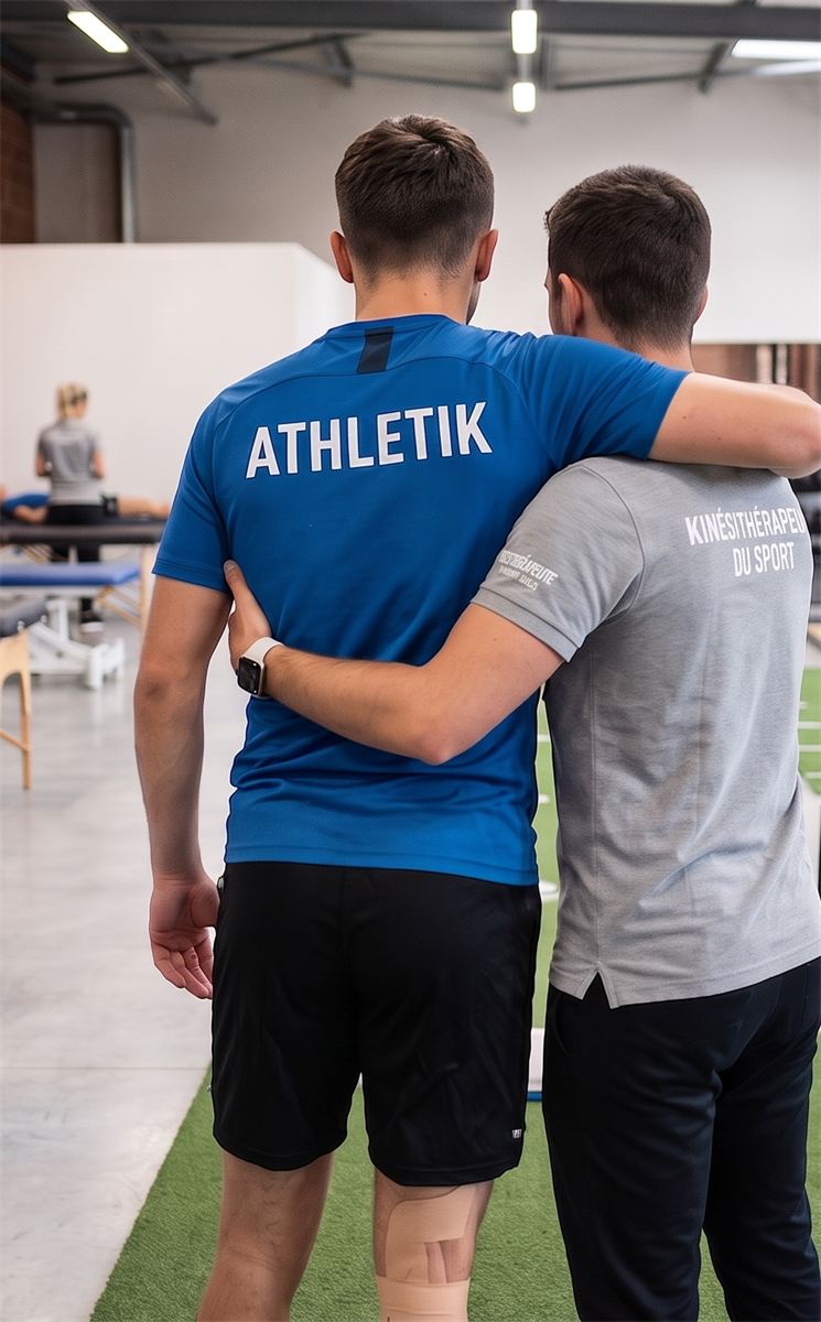 Un kinésithérapeute du sport accompagne un patient au genou strappé